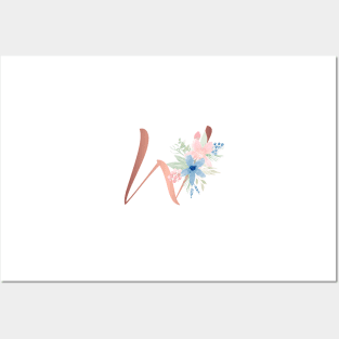 Letter WRose Gold and Watercolor Blush Pink and Navy Posters and Art